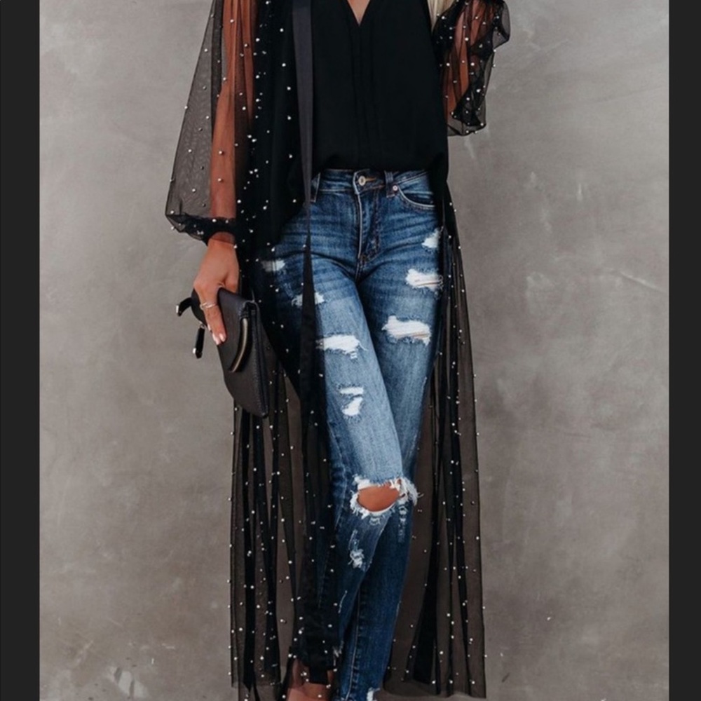 1 Left! Black Tulle Open Front Duster Kimono w/Silver Beads - Picture 2 of 9